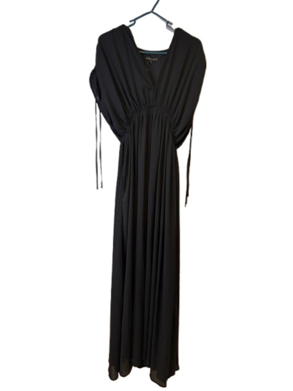 Elegant Black Maxi Dress with Gathered Waist and Tie Sleeves